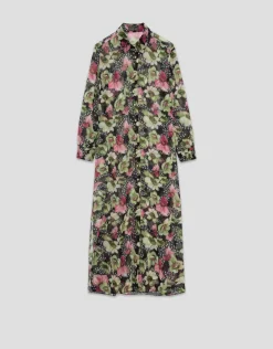 Vestido camisero midi manga larga crepe georgette estampado floral verde