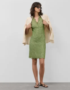 Vestido corto escote pico sin mangas guipur verde