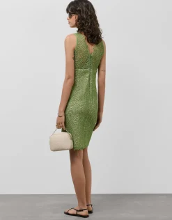Vestido corto escote pico sin mangas guipur verde