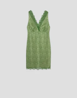 Vestido corto escote pico sin mangas guipur verde