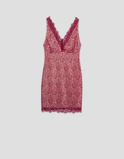 Vestido corto escote pico sin mangas guipur frambuesa