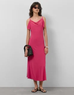 Vestido largo tirantes en crepe frambuesa