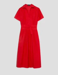 Vestido midi camisero algodón satinado rojo