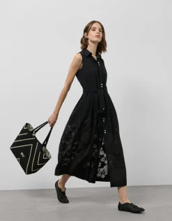 Vestido midi camisero con diseño floral en devoré negro