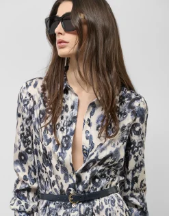 Vestido midi camisero manga larga animal print azul marino