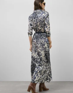 Vestido midi camisero manga larga animal print azul marino