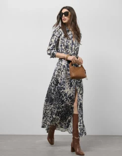 Vestido midi camisero manga larga animal print azul marino