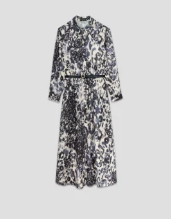 Vestido midi camisero manga larga animal print azul marino