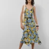 Vestido midi crepe georgette estampado floral azules