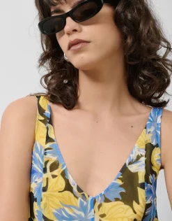Vestido midi crepe georgette estampado floral azules