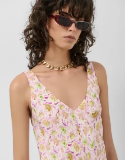 Vestido midi de tirante fruncido estampado floral rosa