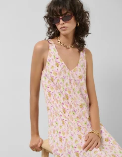 Vestido midi de tirante fruncido estampado floral rosa