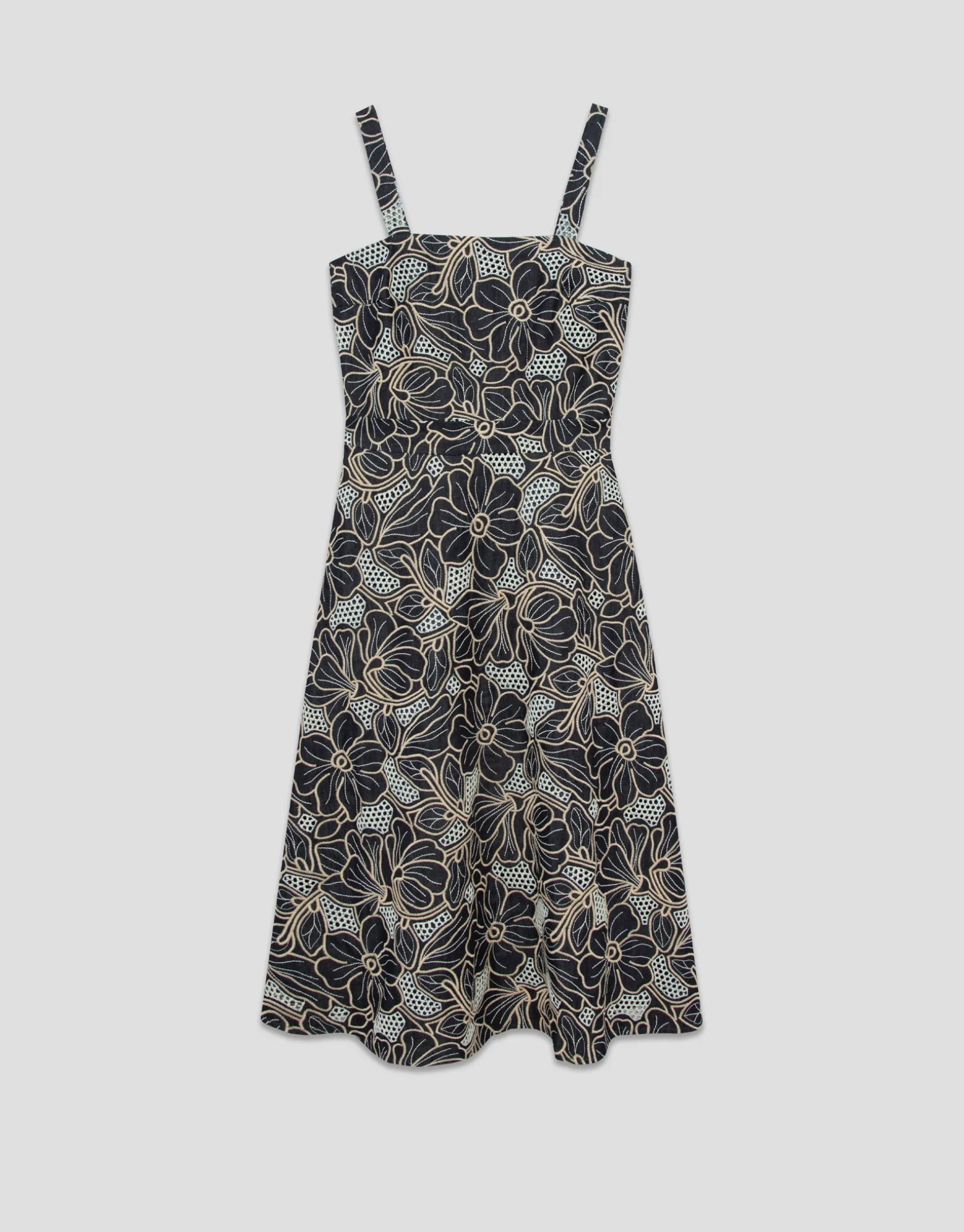 Vestido midi de tirantes en tejido vaquero azul con bordado floral y calados