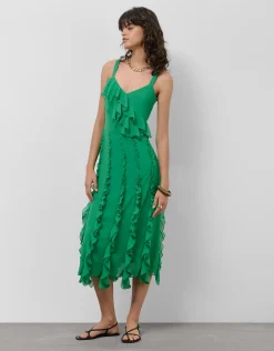 Vestido midi en crepe georgette verde con volantes verticales