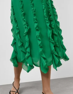 Vestido midi en crepe georgette verde con volantes verticales
