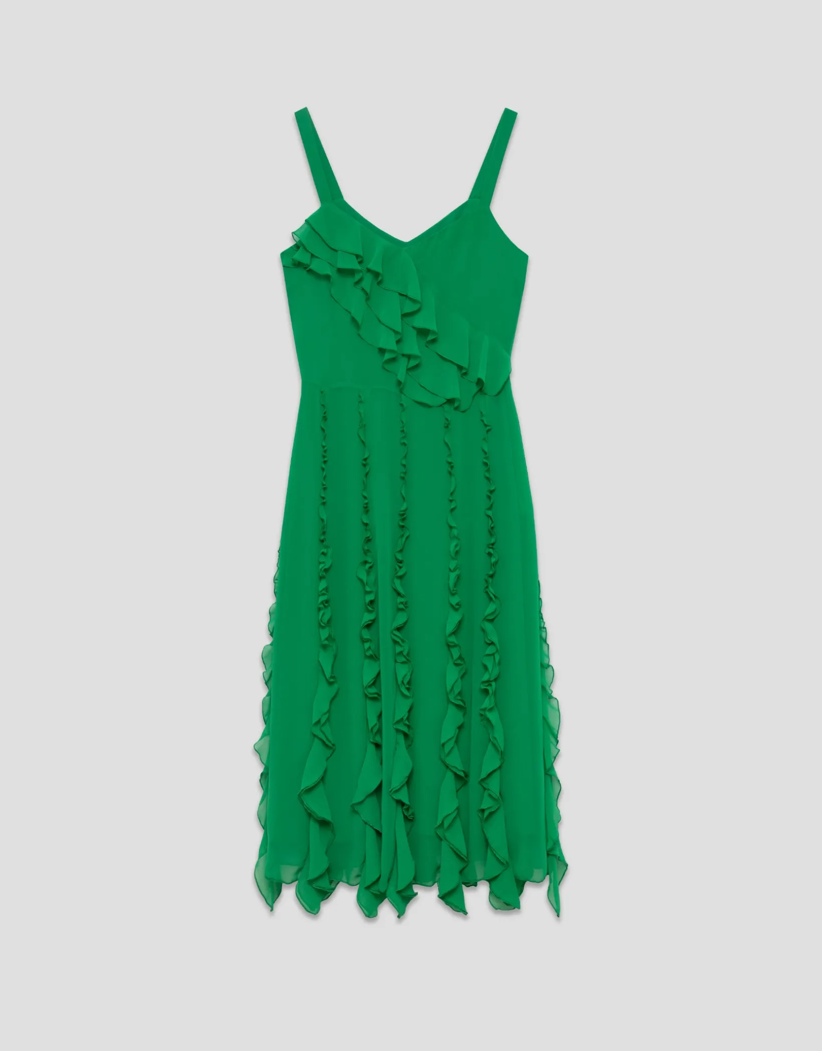 Vestido midi en crepe georgette verde con volantes verticales