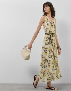 Vestido midi escote halter crepe georgette estampado floral