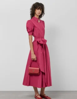 Vestido midi manga corta tafeta frambuesa