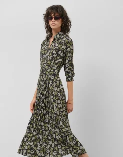 Vestido midi plisado negro estampado hojas tonos verdes