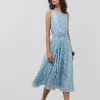 Vestido midi sin mangas en gasa estampado vegetal azules