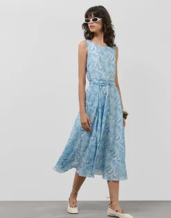 Vestido midi sin mangas en gasa estampado vegetal azules