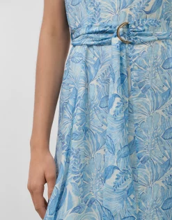 Vestido midi sin mangas en gasa estampado vegetal azules
