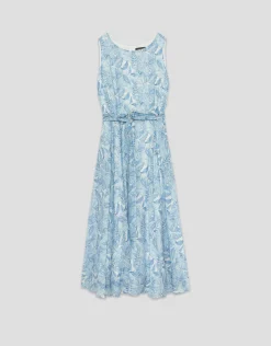 Vestido midi sin mangas en gasa estampado vegetal azules